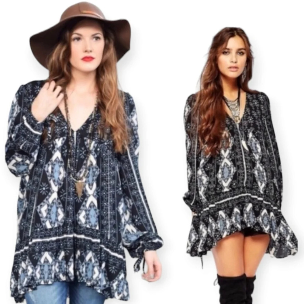Free People Down By The Bay Tunic Mini Dress Blue Floral Geometric Boho Small